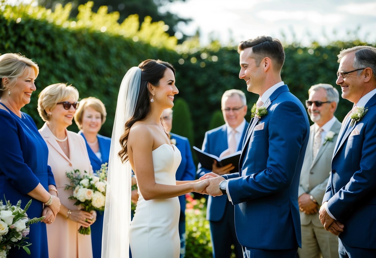 A couple exchanging vows in a garden surrounded by family and friends