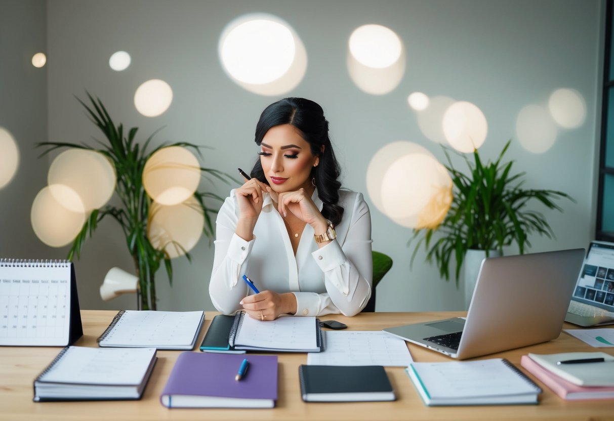 A wedding planner sitting at a desk, surrounded by calendars, notebooks, and a laptop. They are deep in thought, with a pen in hand, as they calculate costs and make notes
