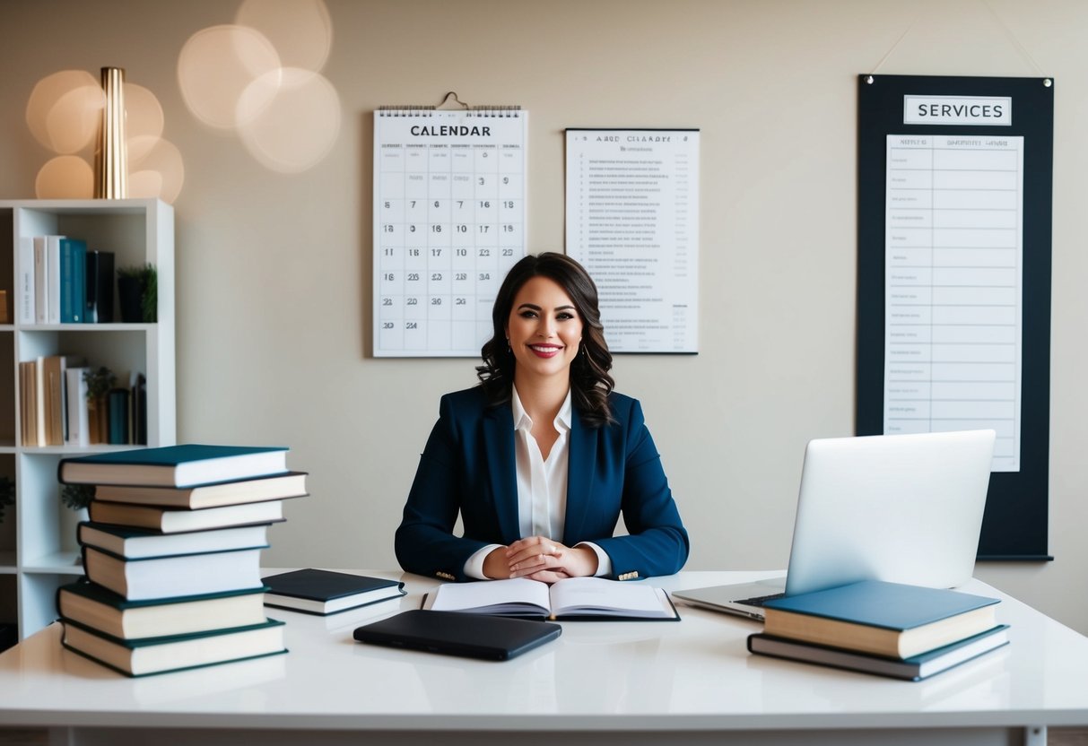 A wedding planner sits at a desk, surrounded by books and a laptop. A calendar and a list of services are displayed on the wall