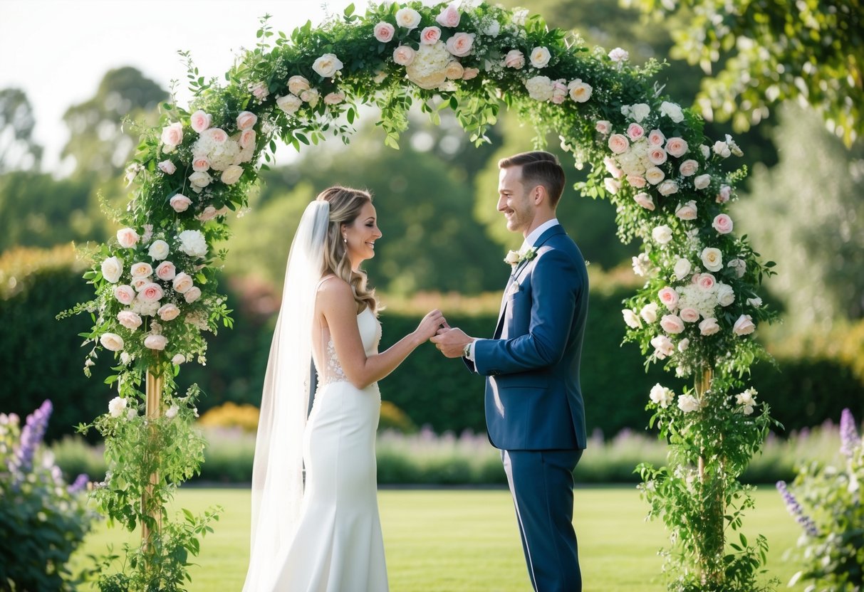 A couple standing under a floral arch exchanging vows in a serene garden setting