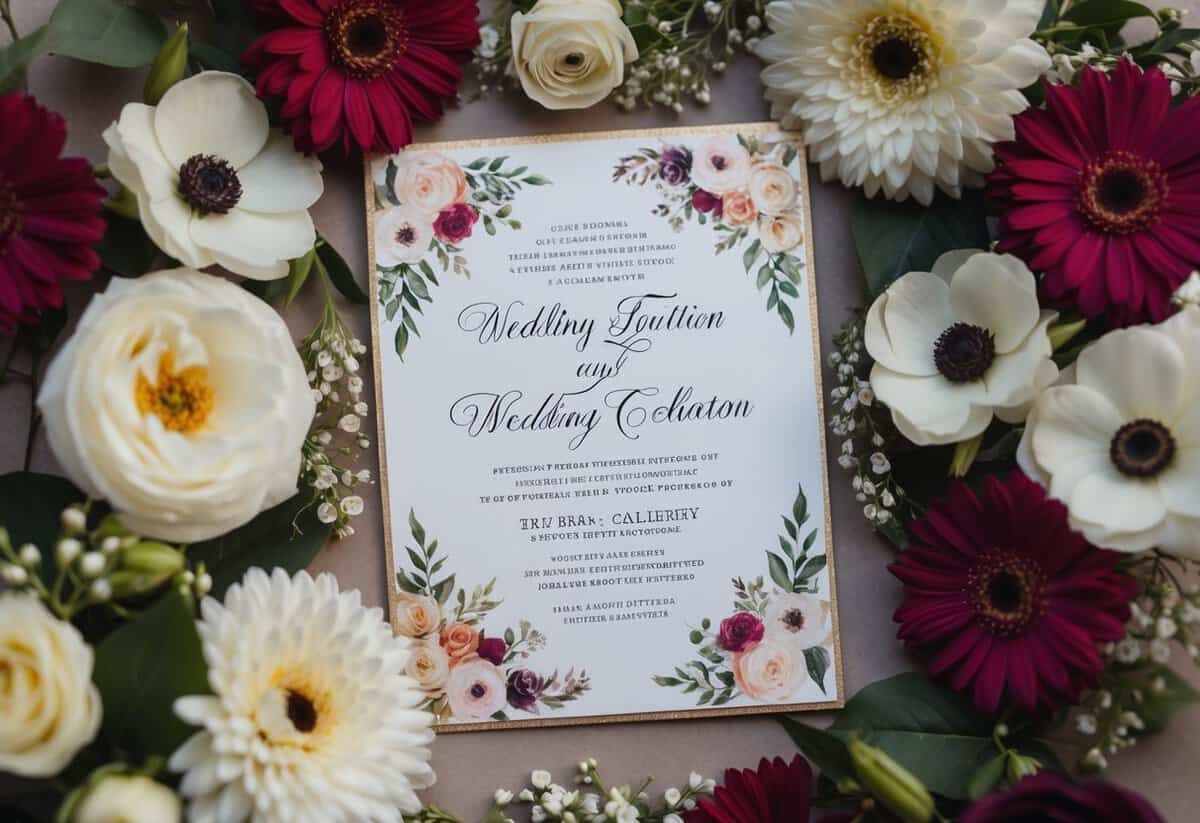 A beautifully decorated wedding invitation surrounded by flowers and elegant calligraphy