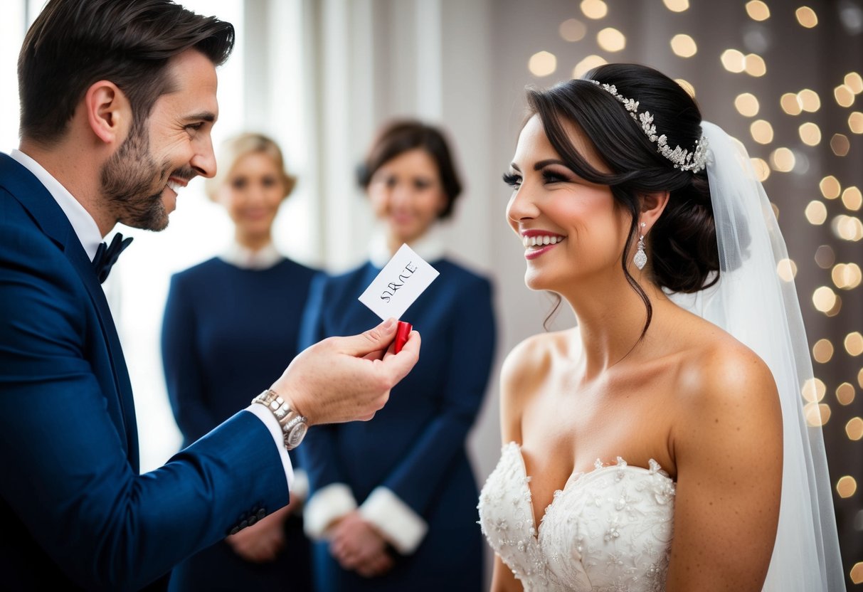 A bride hands a tip to her stylist with a smile