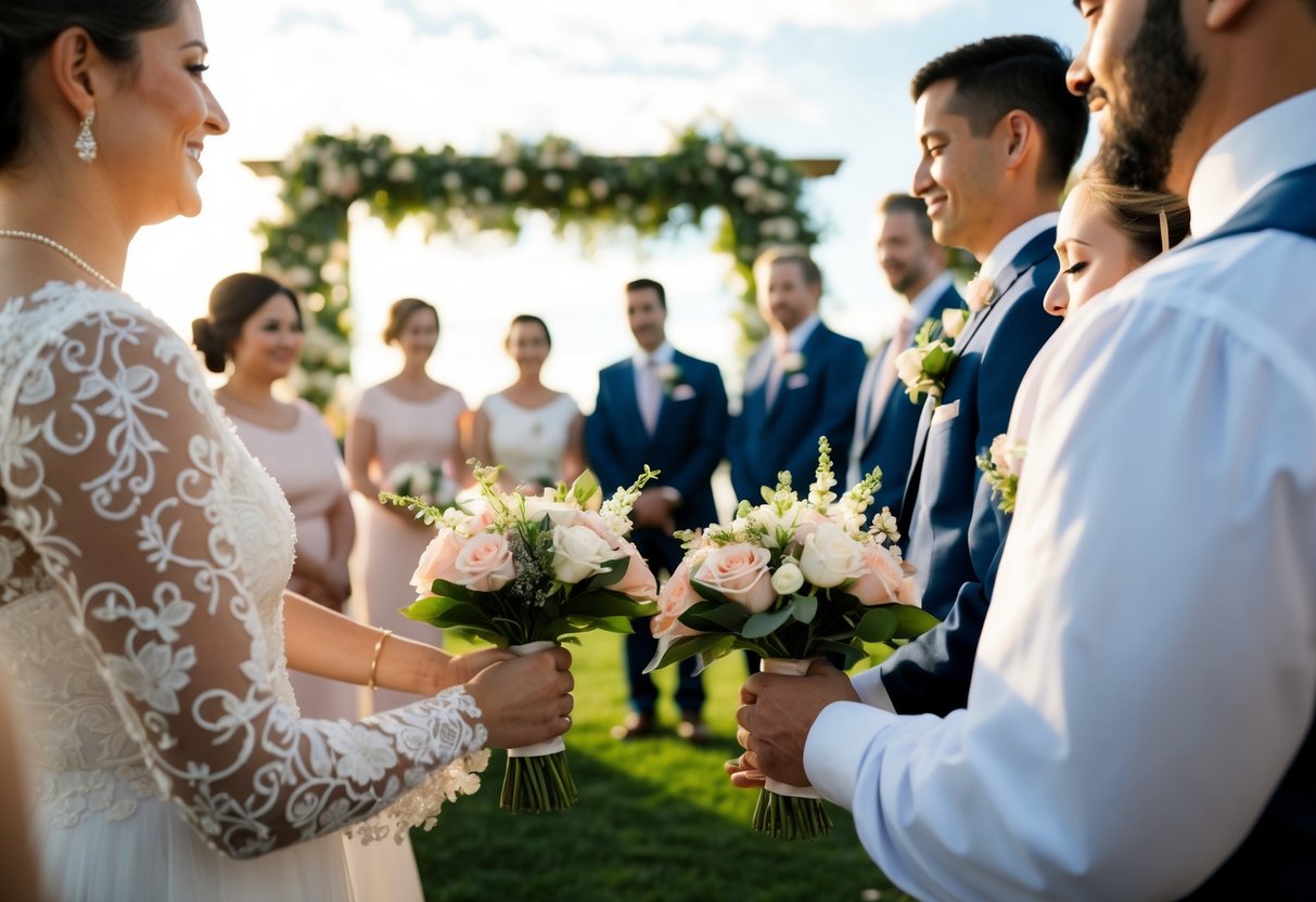 A marriage ritual with guests, flowers, and vows