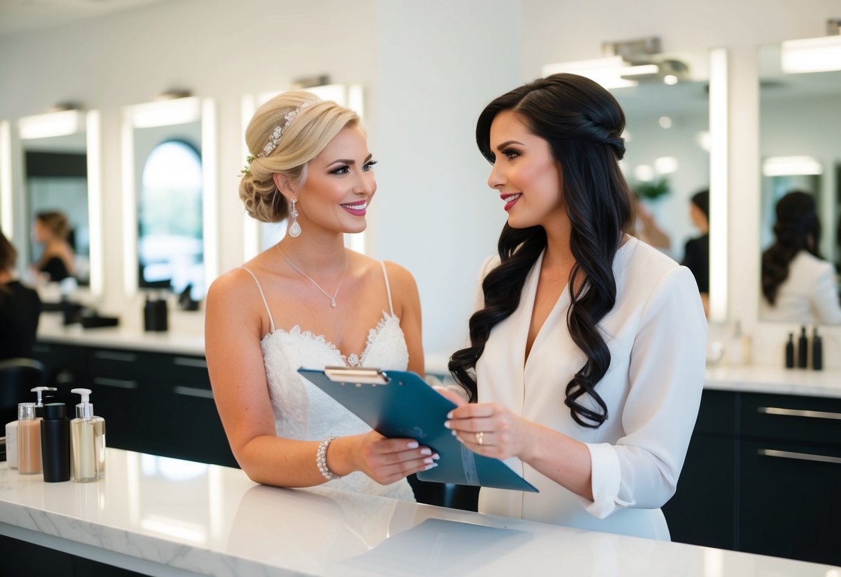 A bride and stylist stand at a salon counter, discussing wedding details and budgeting. The stylist holds a clipboard with pricing information