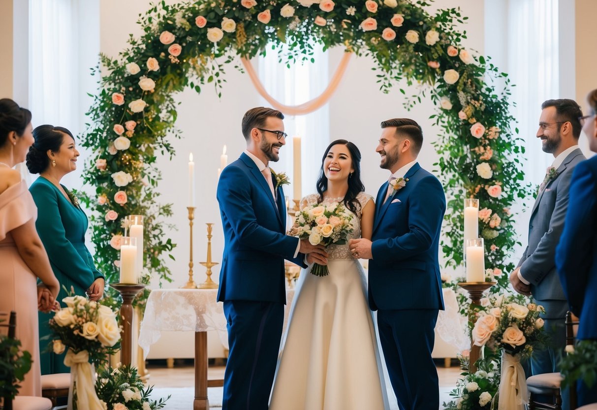 A joyful marriage celebration with flowers, candles, and a couple standing at the altar