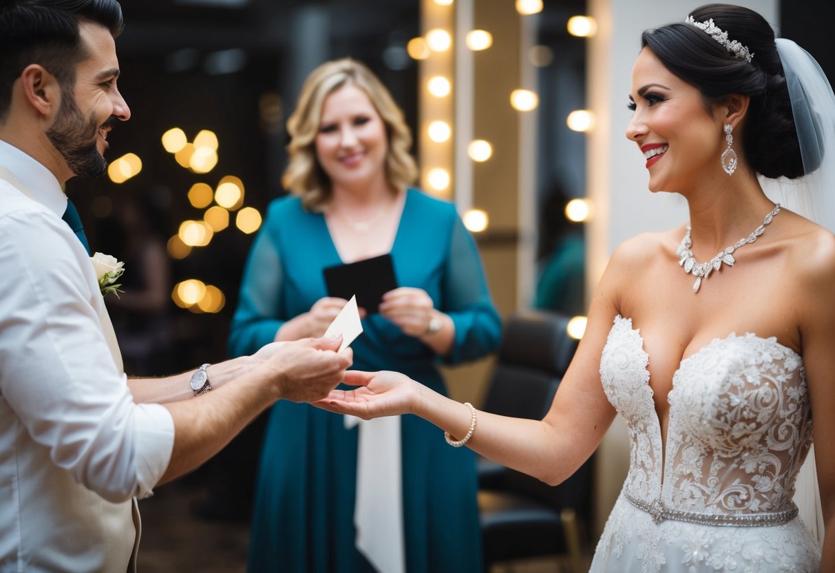A bride handing a small envelope to a stylist with a smile