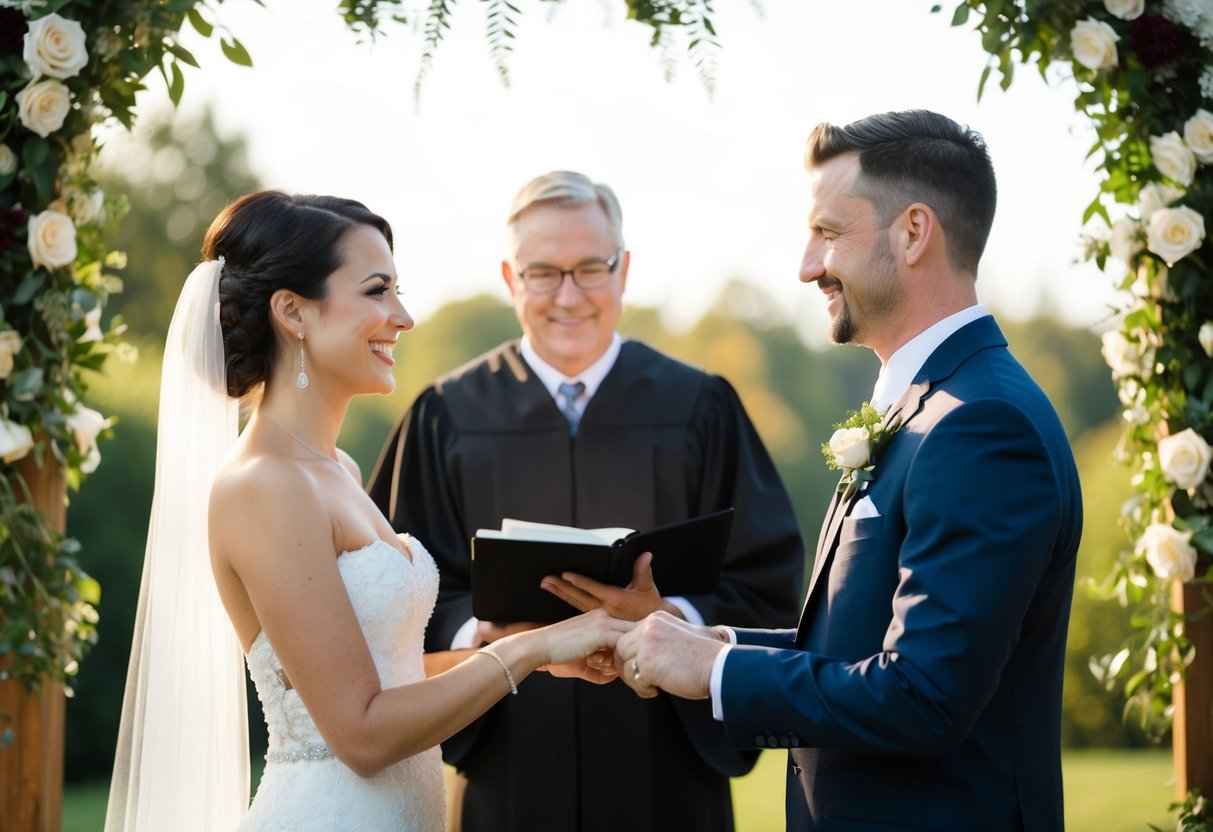 A couple exchanging vows in front of an officiant