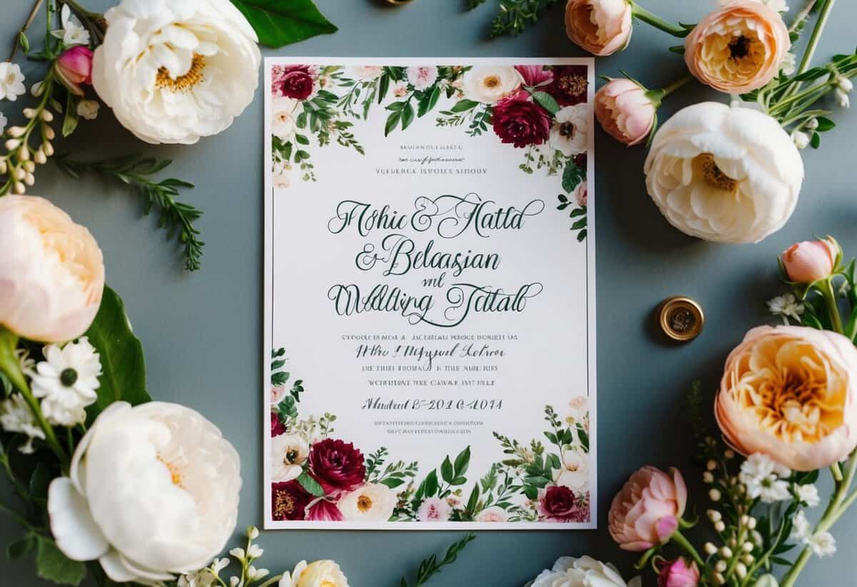 A beautifully designed wedding announcement surrounded by floral decorations and elegant calligraphy