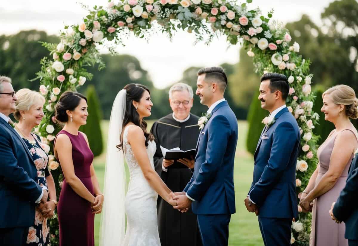 A couple stands facing each other under a floral arch, surrounded by family and friends. A minister or officiant stands before them, leading the traditional wedding ceremony
