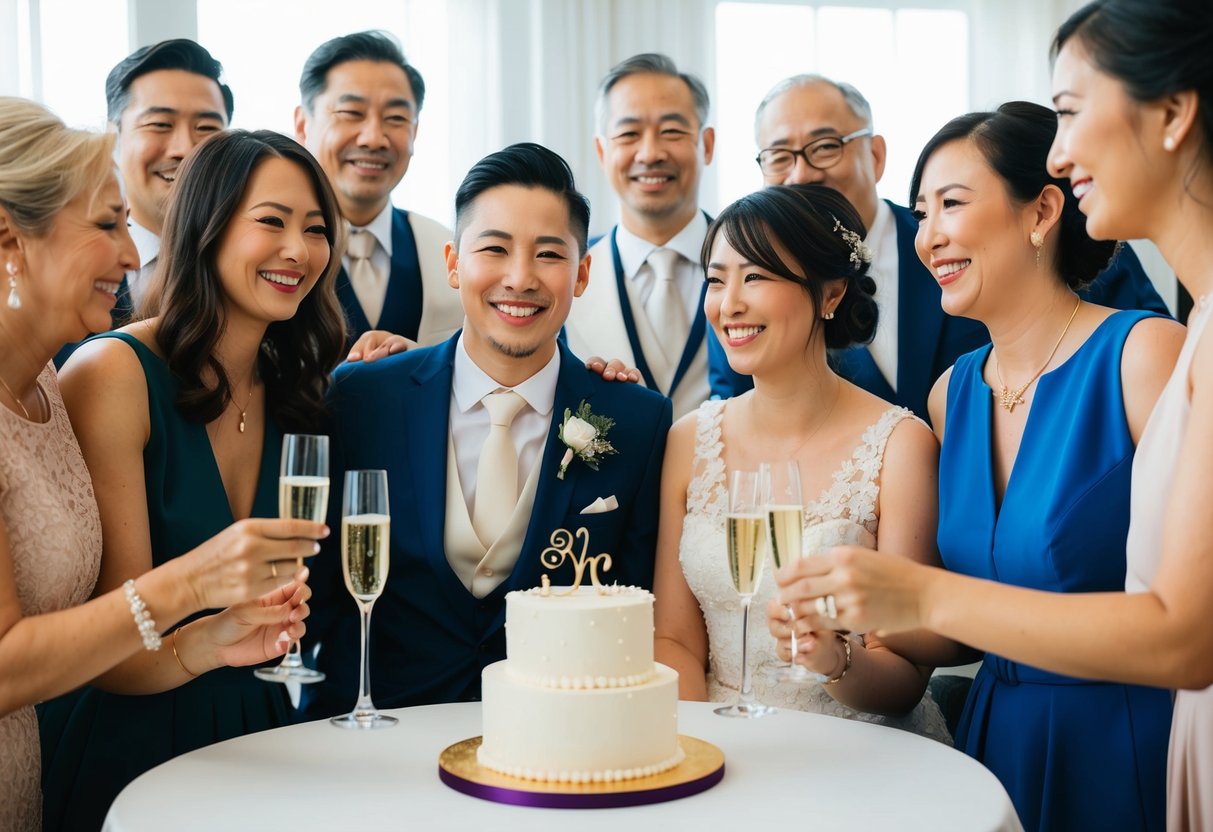 A couple sits at a table with a small cake and two champagne glasses, surrounded by a few close friends and family members
