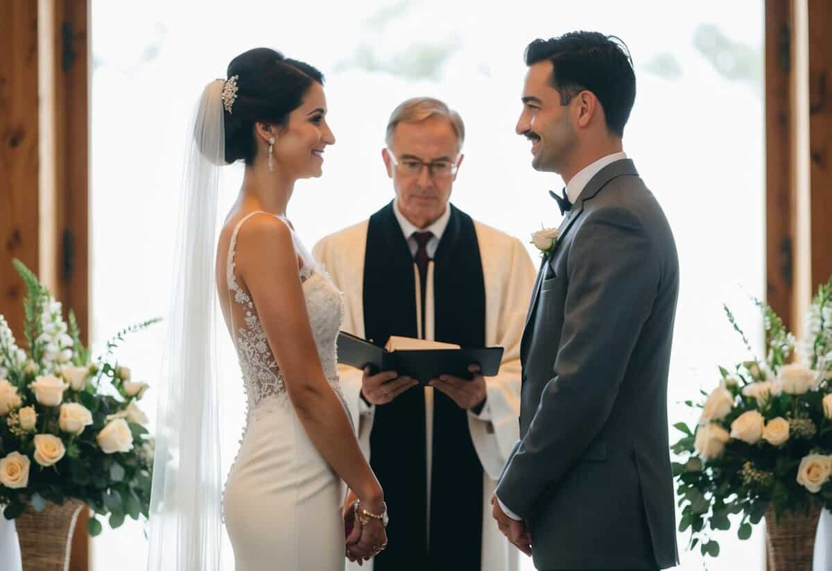 A couple stands facing each other, with an officiant in the center, presiding over the traditional wedding ceremony