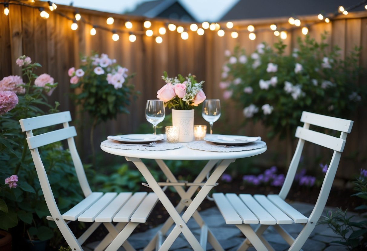 A cozy backyard setting with a small, elegantly decorated table for two, surrounded by twinkling lights and blooming flowers