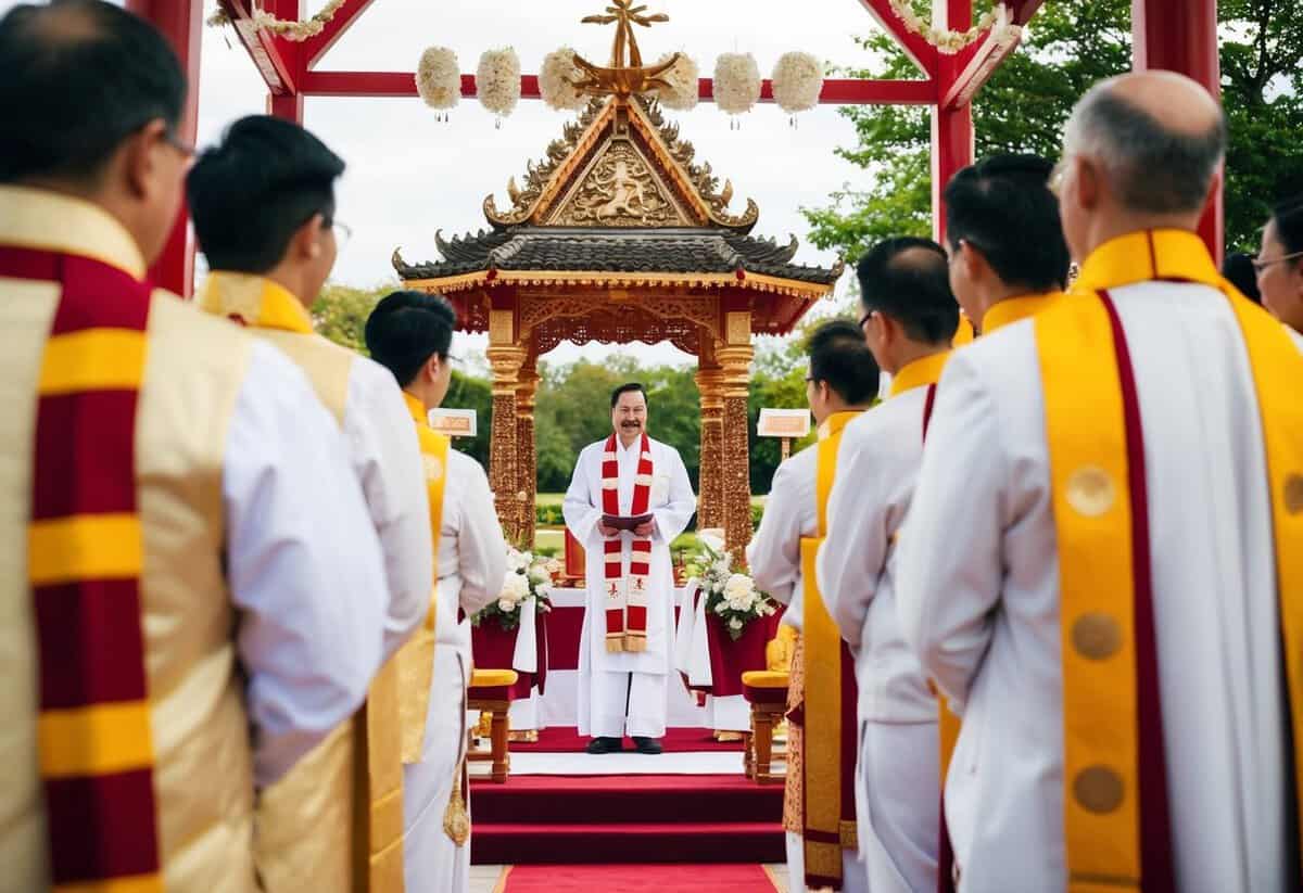 A traditional wedding ceremony with a ceremonial structure and symbolic elements