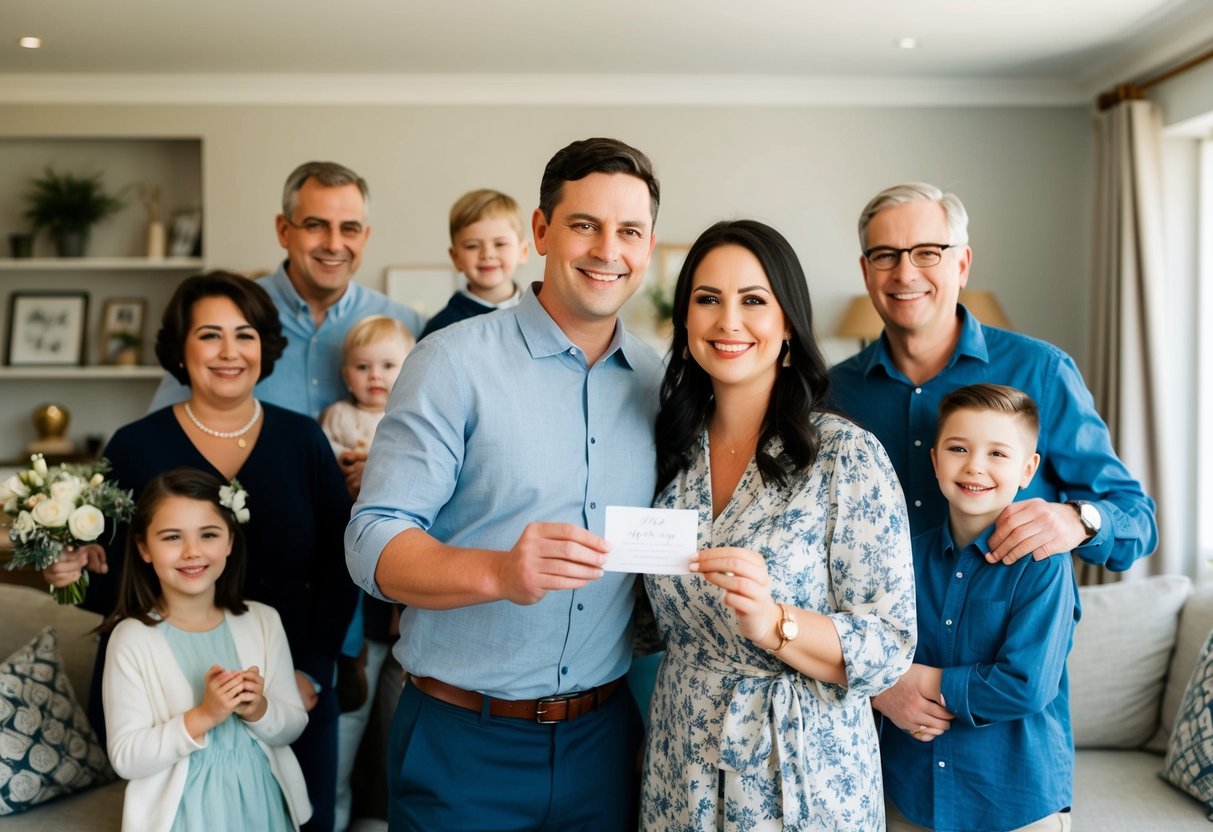 A couple stands in a cozy living room, surrounded by close family. They hold up a small wedding invitation, smiling