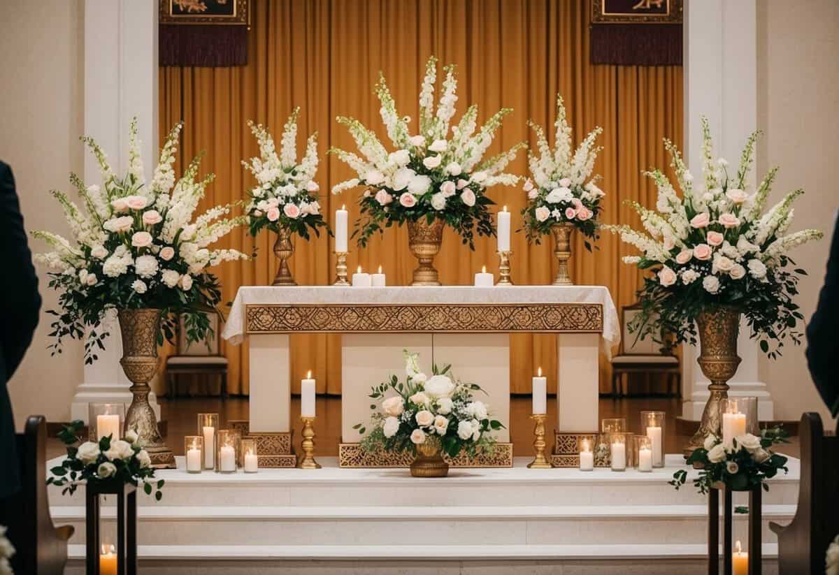 A decorative altar with floral arrangements, candles, and ceremonial objects arranged in a traditional wedding ceremony setting