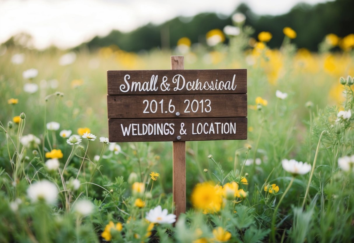 A small wedding announcement: a rustic wooden sign with the date and location surrounded by wildflowers and greenery