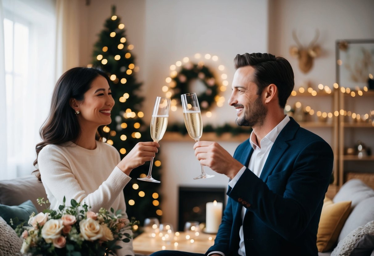 A couple raises champagne glasses in a cozy living room adorned with fairy lights and flowers, smiling at each other