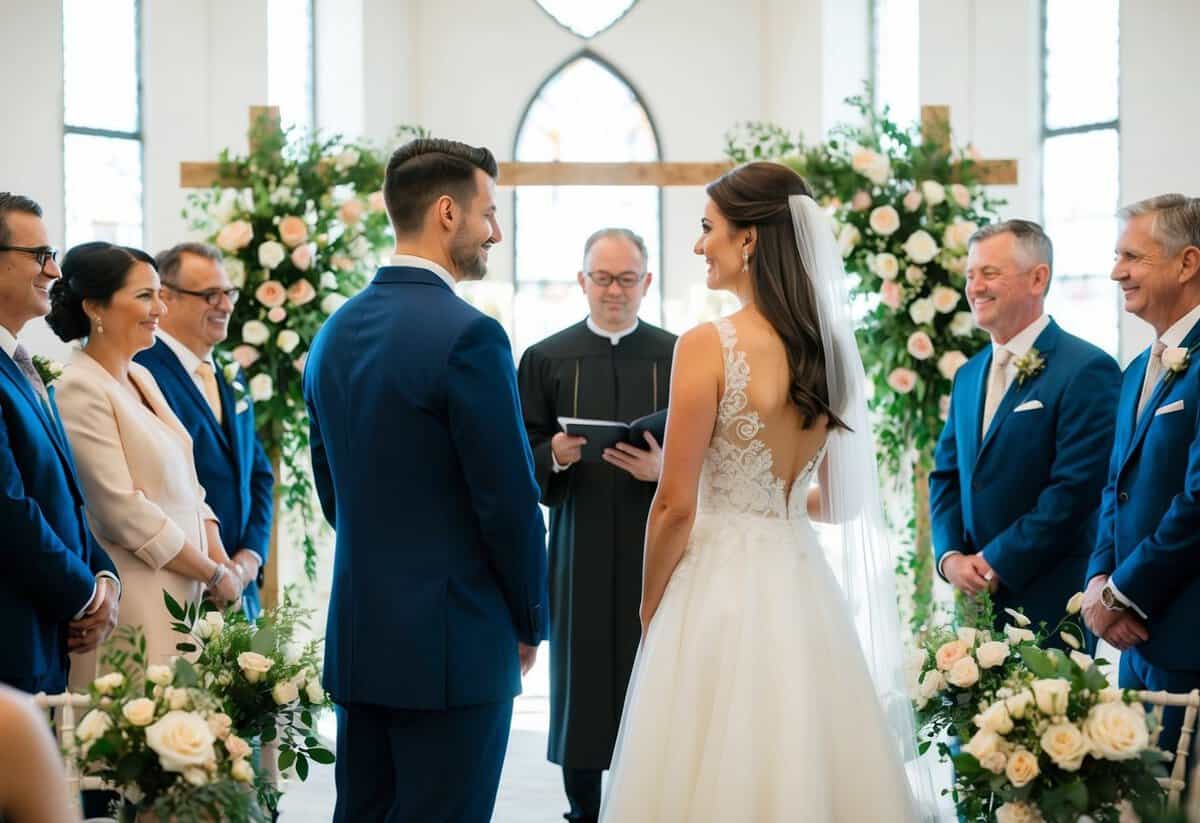 A bride and groom stand facing each other with an officiant in front, surrounded by family and friends. Flowers and decorations adorn the space