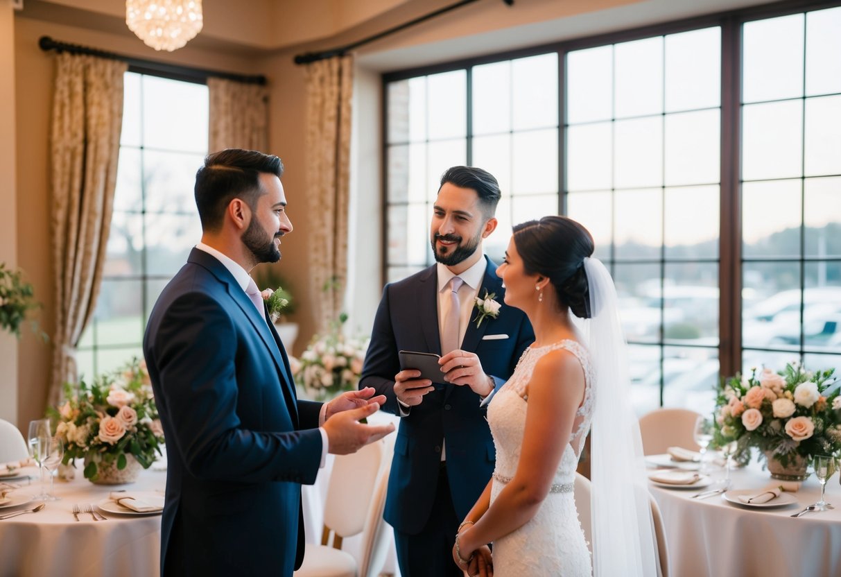A couple and a venue representative discussing pricing and details for a wedding event in a cozy, elegant space with large windows and floral decor