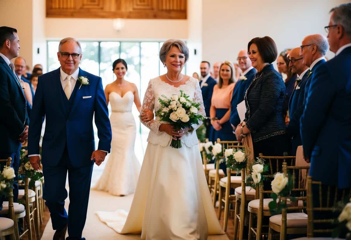 A figure escorts the mother of the bride down the aisle