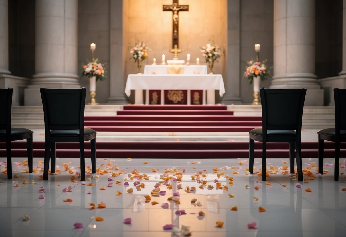 An empty altar with scattered flower petals and two empty chairs