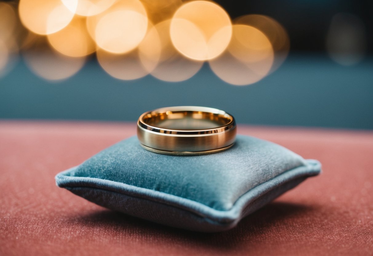 A simple gold wedding band resting on a velvet cushion