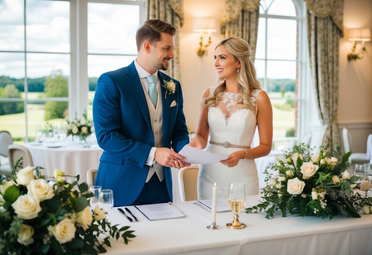 A couple and a venue manager at a luxurious wedding venue in the UK, negotiating a price while surrounded by elegant decor and scenic views