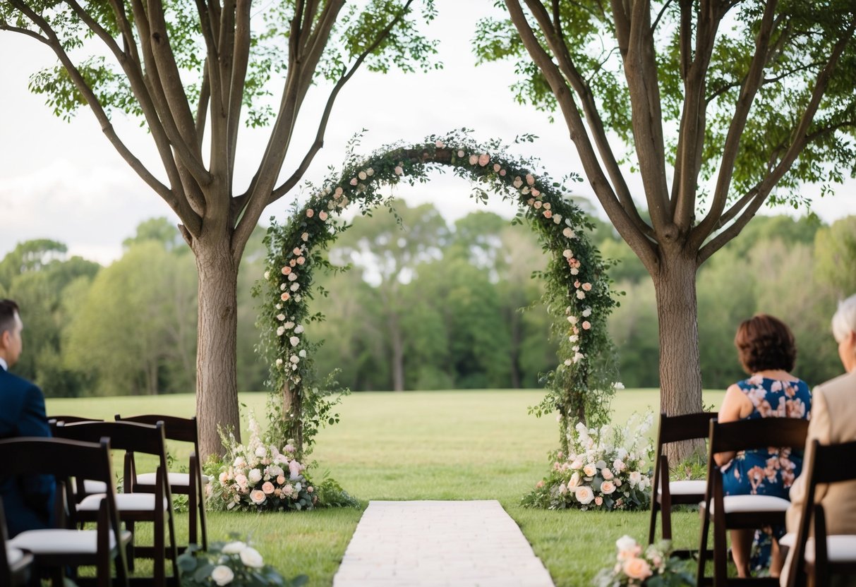 A serene outdoor setting with two intertwining trees and a decorative archway, surrounded by flowers and foliage, symbolizing a non-traditional commitment ceremony