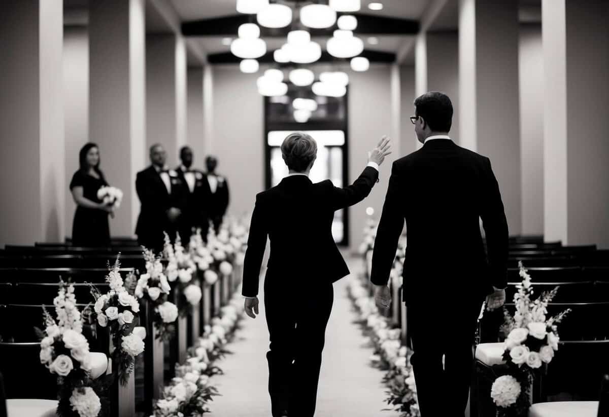 A figure stands at the start of an aisle, gesturing for another figure to walk alongside them. The aisle is lined with flowers and decorative elements