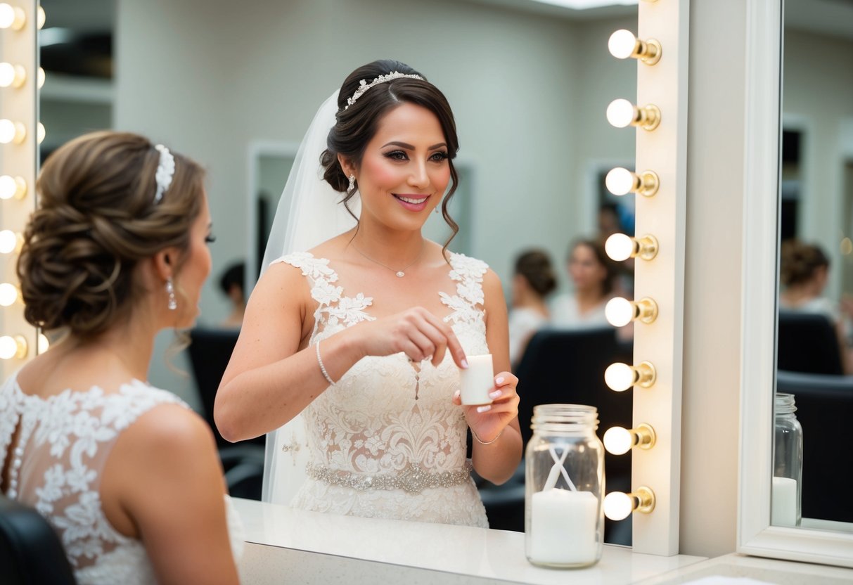 A bride placing a tip in a jar next to a mirror at a salon