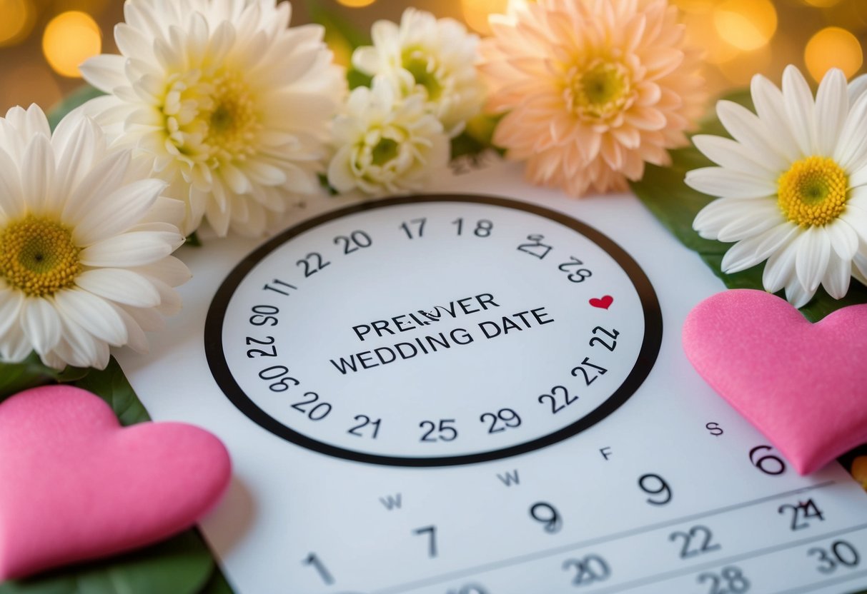 A calendar with a circle around the wedding date, surrounded by flowers and hearts
