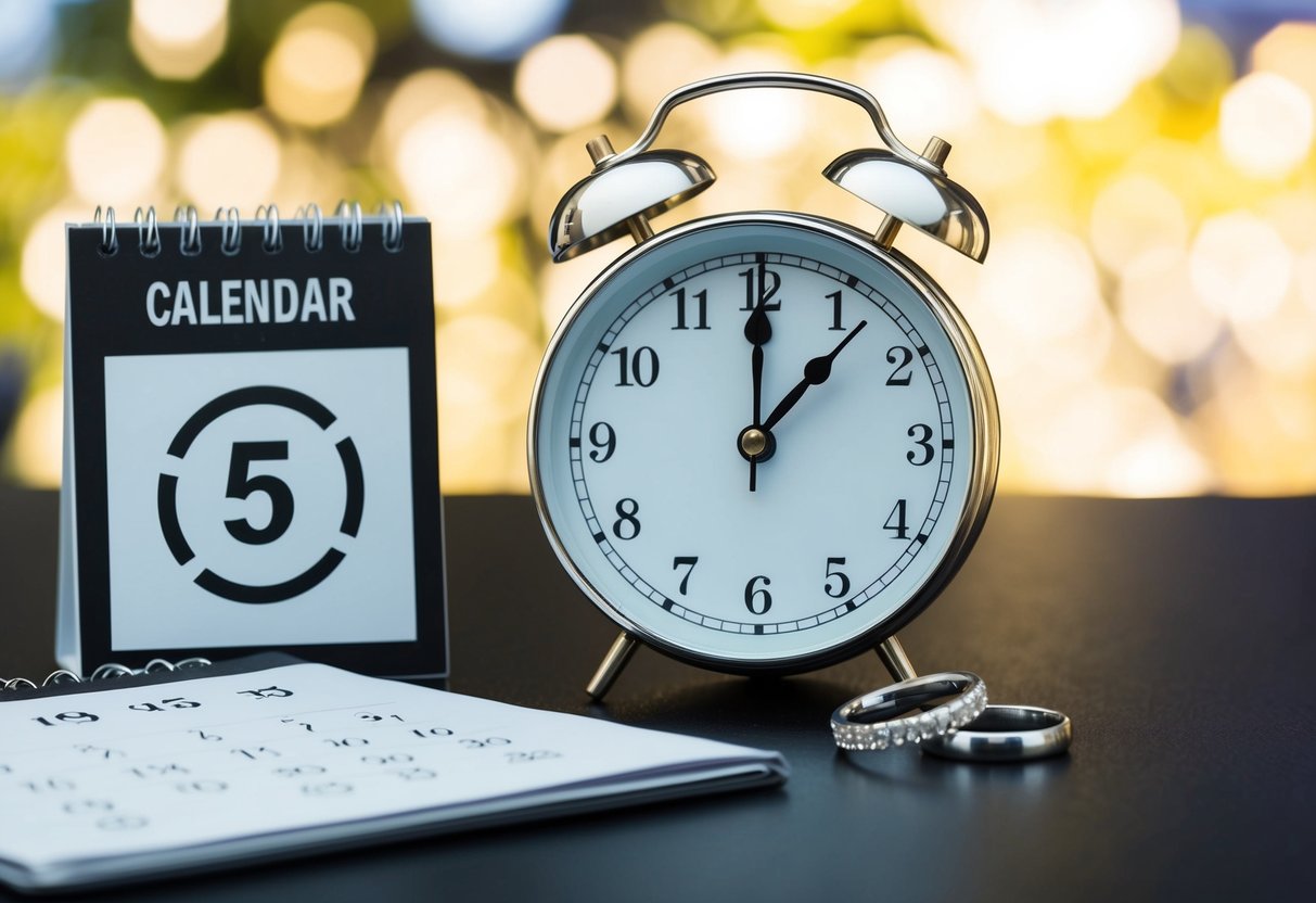 A clock with hands set at 5 o'clock, a calendar with a circle around the date, and a pair of wedding rings on a table