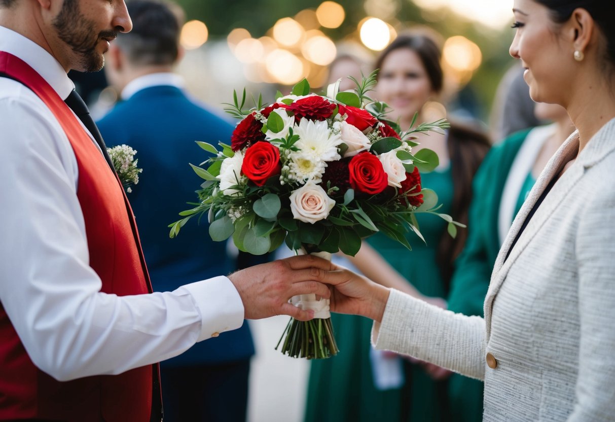 A bouquet is passed from one figure to another