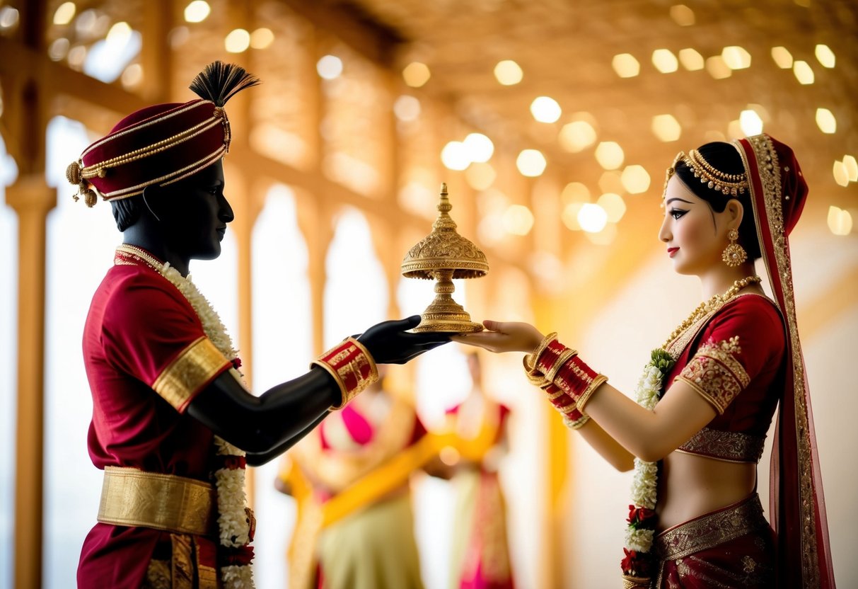 A figure in traditional attire passes a symbolic object to another figure, representing the transfer of the bride in marriage
