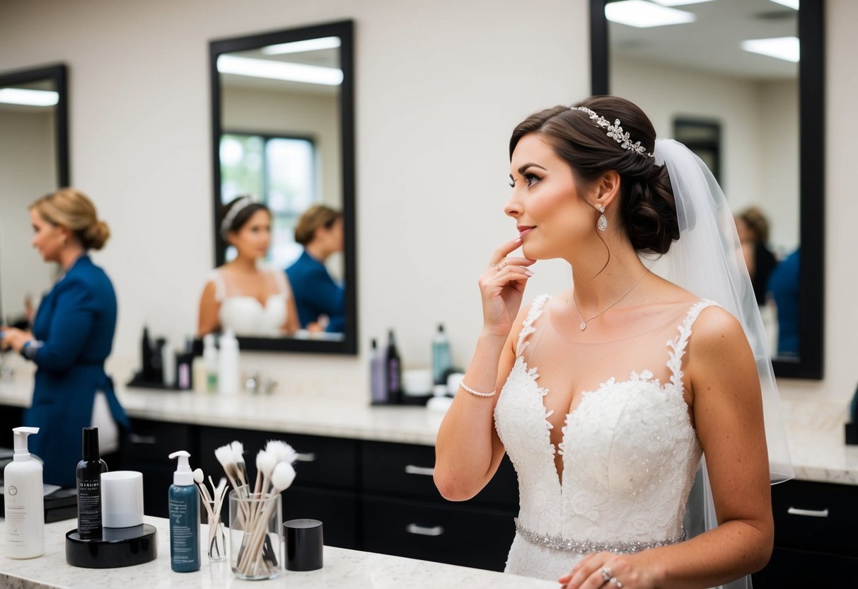 A bride standing at a salon counter, contemplating tipping her stylist with a thoughtful expression on her face