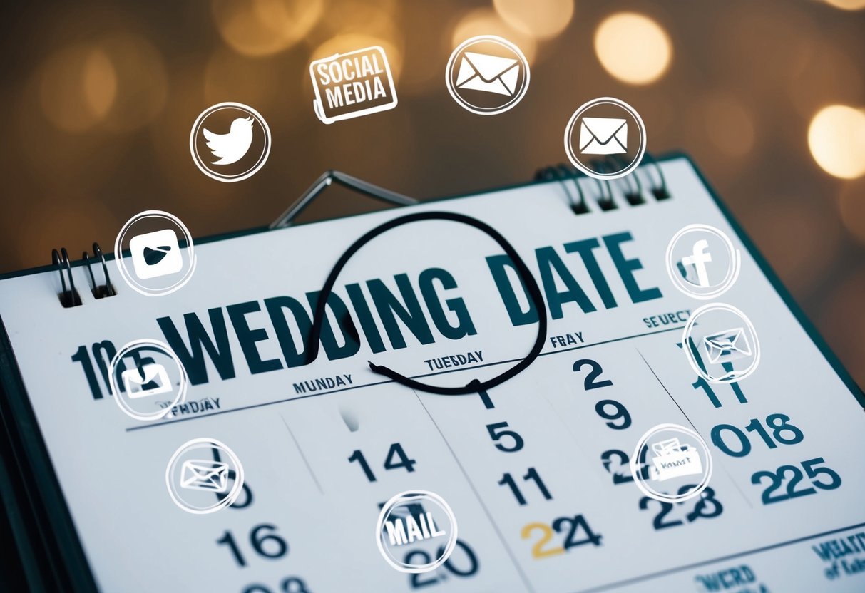 A calendar with a circle around the wedding date, surrounded by various icons representing social media, mail, and word of mouth
