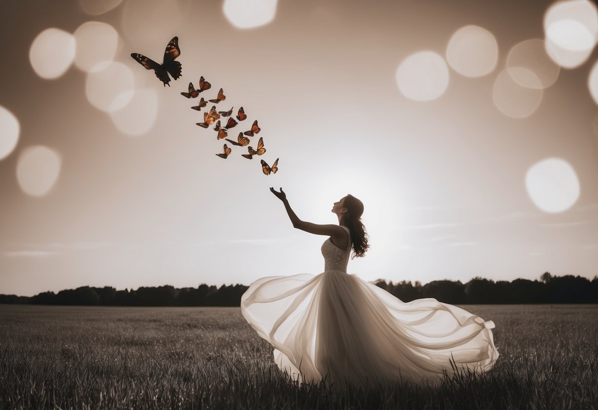 A figure in a flowing gown releases a butterfly into the air