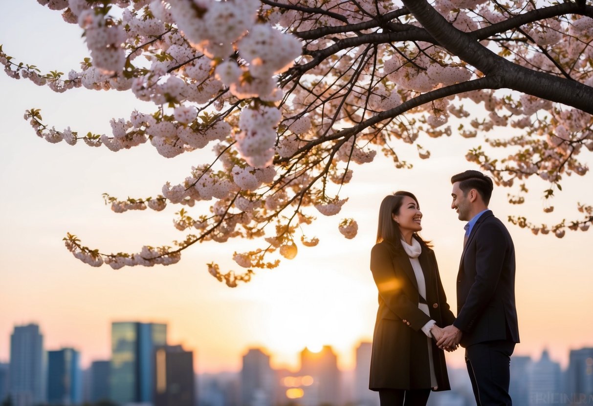 A couple standing under a blooming cherry blossom tree, holding hands and smiling at each other. The sun is setting, casting a warm glow over the scene