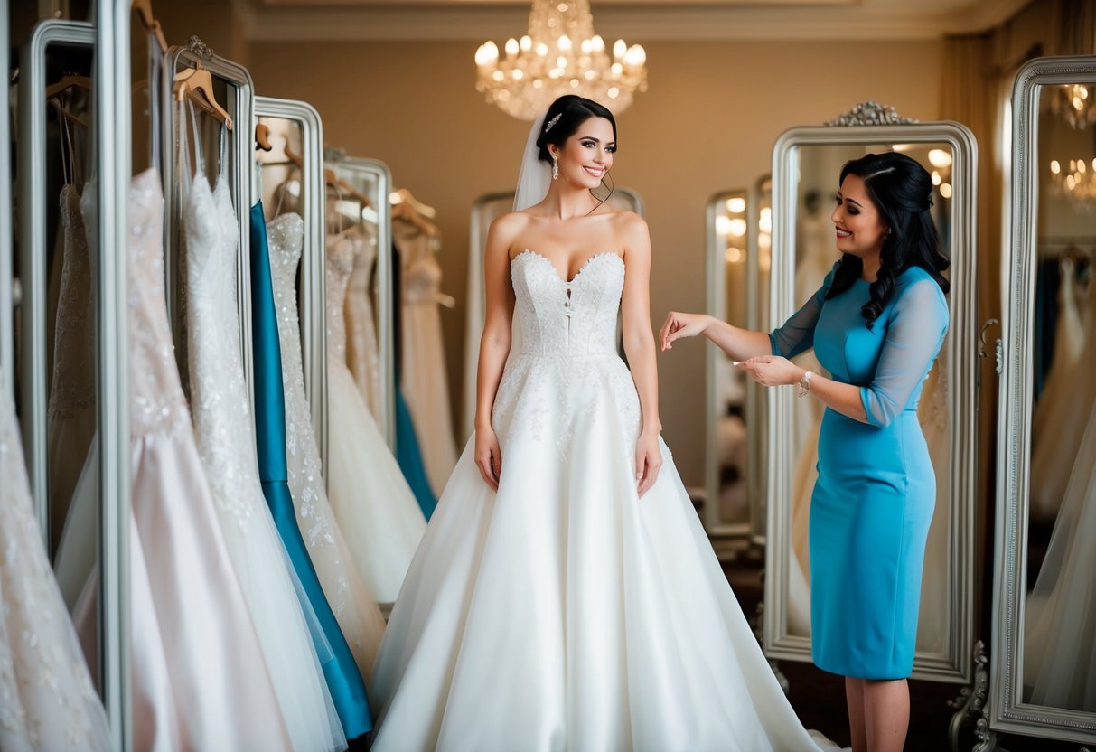 A bride stands in front of a row of elegant wedding dresses, surrounded by mirrors and soft lighting, as a stylist helps her choose the perfect gown