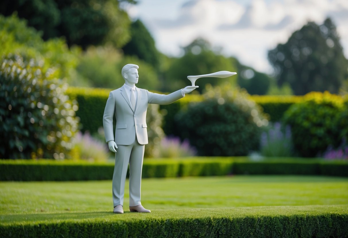 A figure stands at the edge of a lush garden, extending a symbolic object towards a focal point in the distance