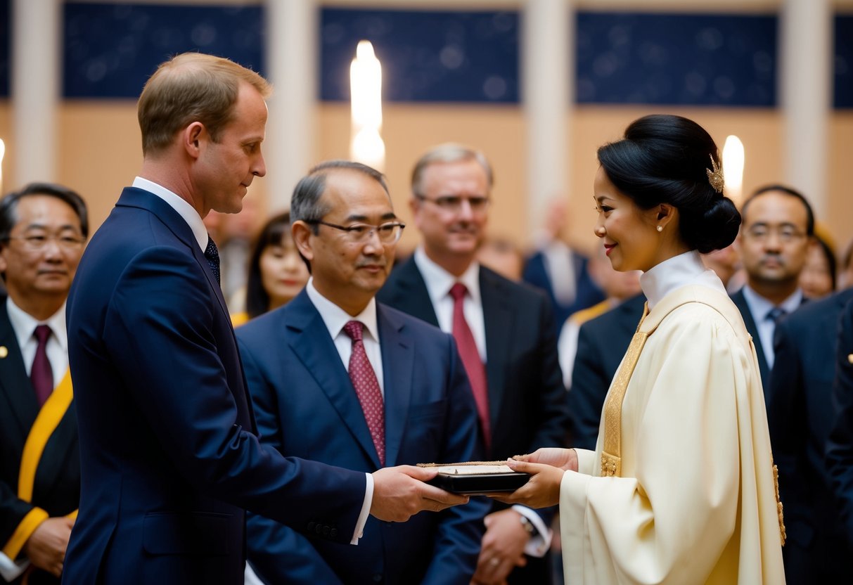A figure in formal attire passes an object to another figure, surrounded by onlookers and a ceremonial setting