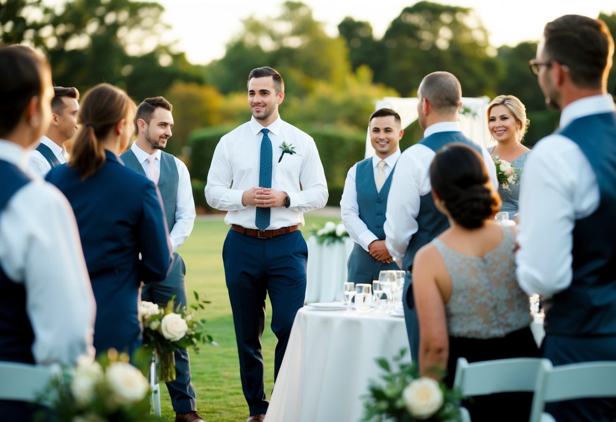 A wedding venue manager overseeing setup and coordinating staff for an outdoor ceremony and reception