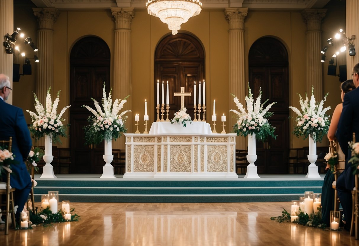 A decorated altar stands at the front of a grand hall, adorned with flowers and candles, ready for the wedding ceremony