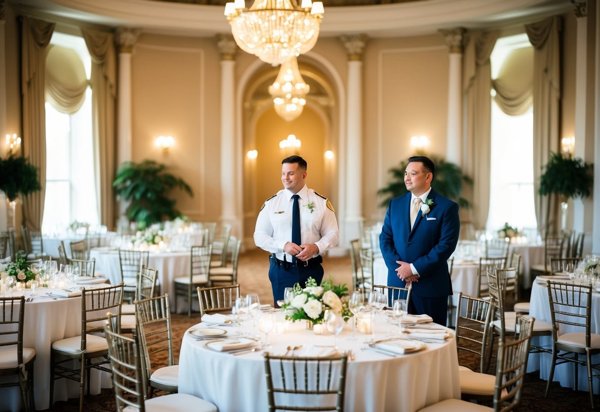 A wedding venue manager overseeing the setup of tables and chairs in a grand ballroom with elegant decor and soft lighting