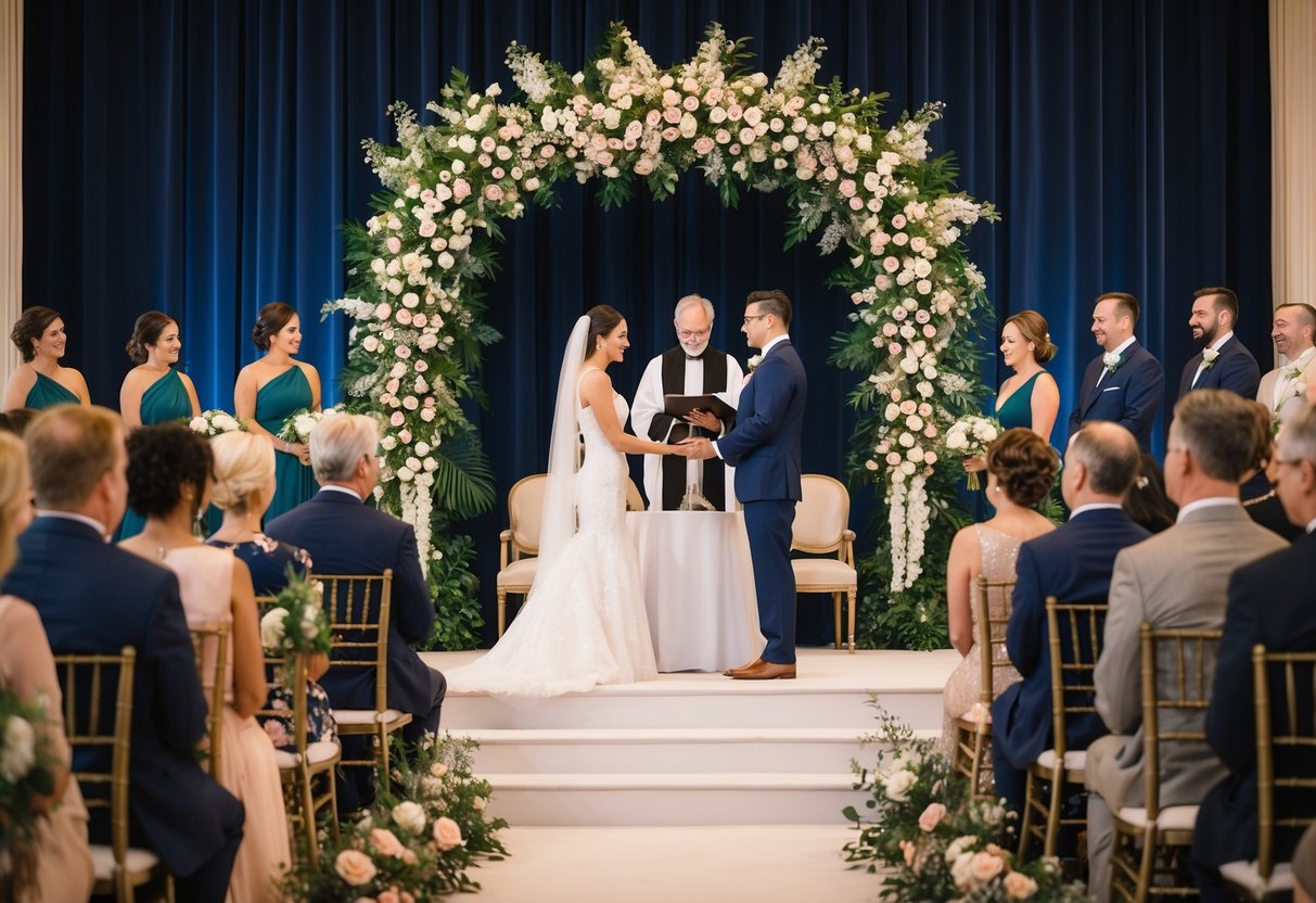 A decorated stage with a floral arch and elegant seating for the couple, officiant, and witnesses at a wedding ceremony