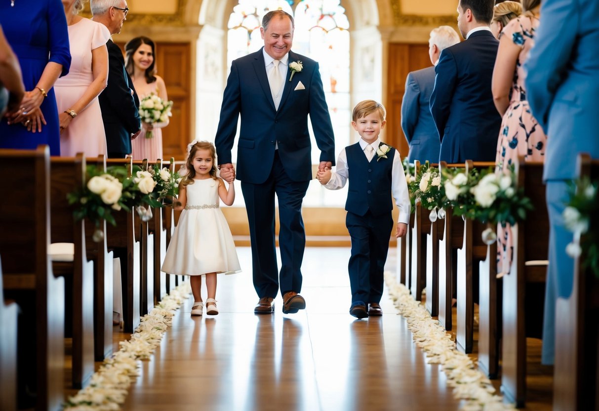 A father leads, followed by a mother, then two children walking side by side down the aisle