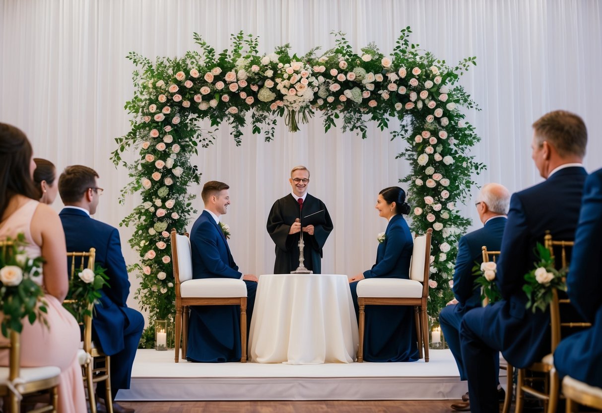 A traditional wedding stage with floral arch and seating for the couple and officiant