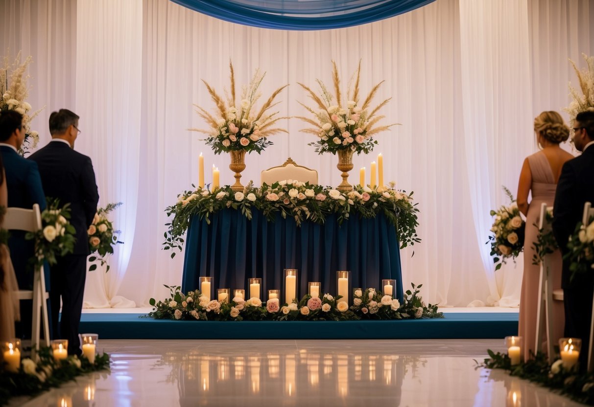 A decorated altar stands at the center of the ceremony, adorned with flowers, candles, and draped fabric