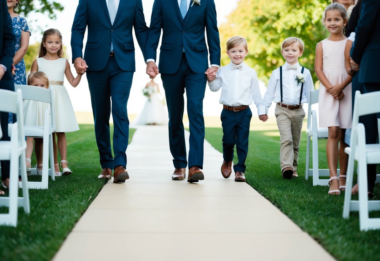A family walks down the aisle in a line, with the parents leading and the children following behind in a straight and orderly fashion