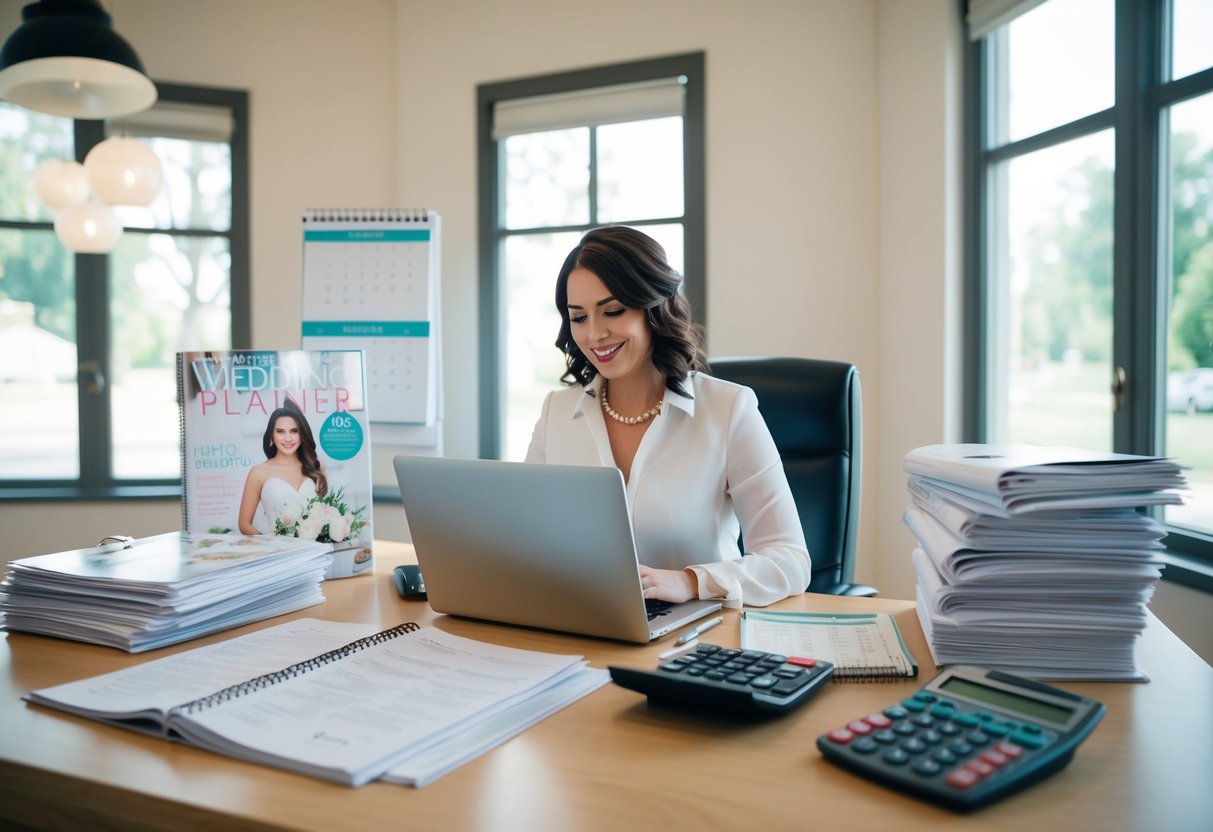 A wedding planner sits at a desk, surrounded by bridal magazines, a laptop, and a calendar. A stack of invoices and a calculator are nearby
